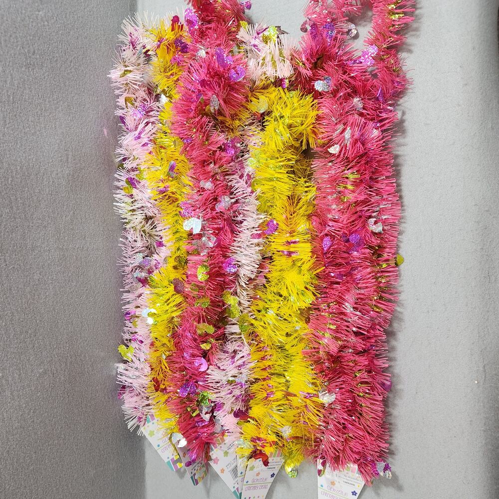 EASTER Tinsel Garland 9Ft (6cnt) 2ea Dk Pink, Lt Pink, Yellow Chicks Eggs
